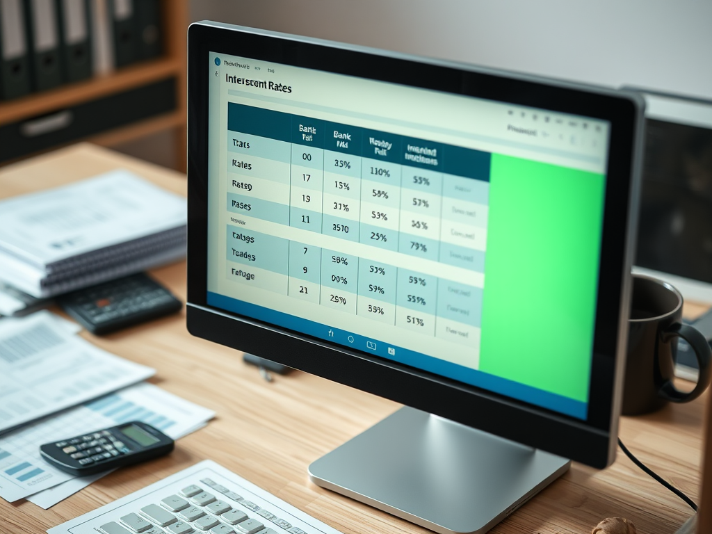 На экране компьютера таблица процентных ставок с различными значениями и показателями. Рабочий стол с документами.