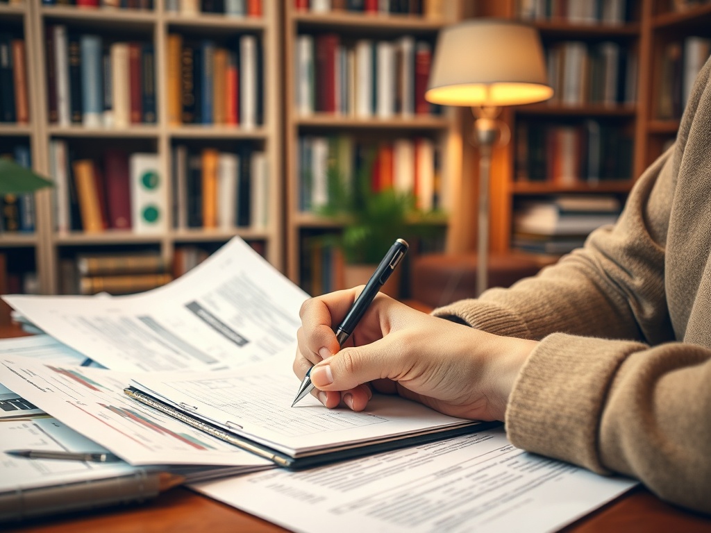 Человек заполняет документы на столе, окружённом книгами и лампой. Список бумаги и ручка в руке.