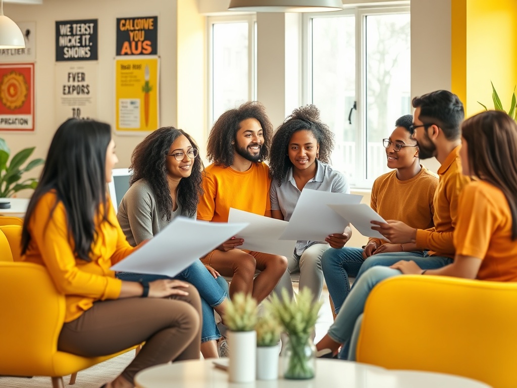 Группа молодых людей в оранжевых рубашках обсуждает идеи, сидя в светлом офисе. На столе — бумажные листы.