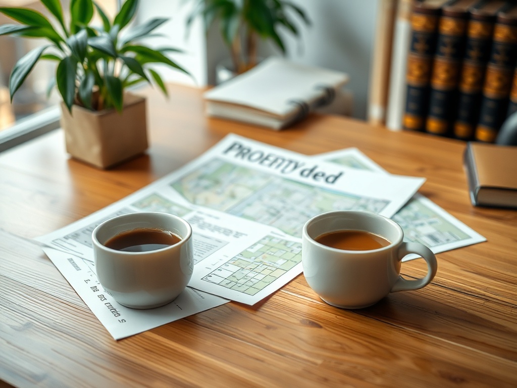 На столе стоят две чашки кофе, около них документы и небольшой цветок в горшке.