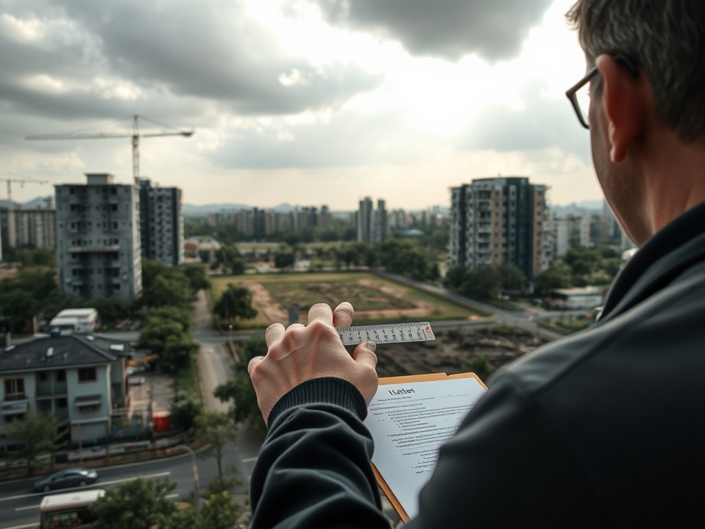 Человек с линейкой смотрит на городской пейзаж с высоко расположенного места. На заднем плане - здания.