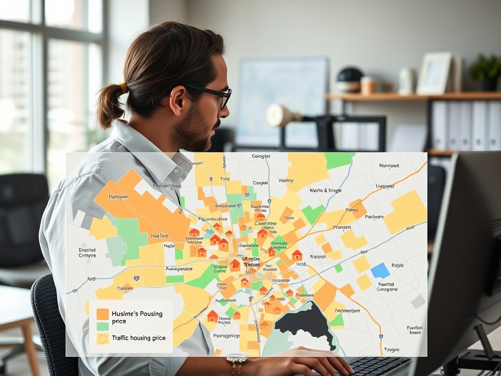 Мужчина смотрит на экран компьютера с картой цен на жилье и транспортные расходы в городе.