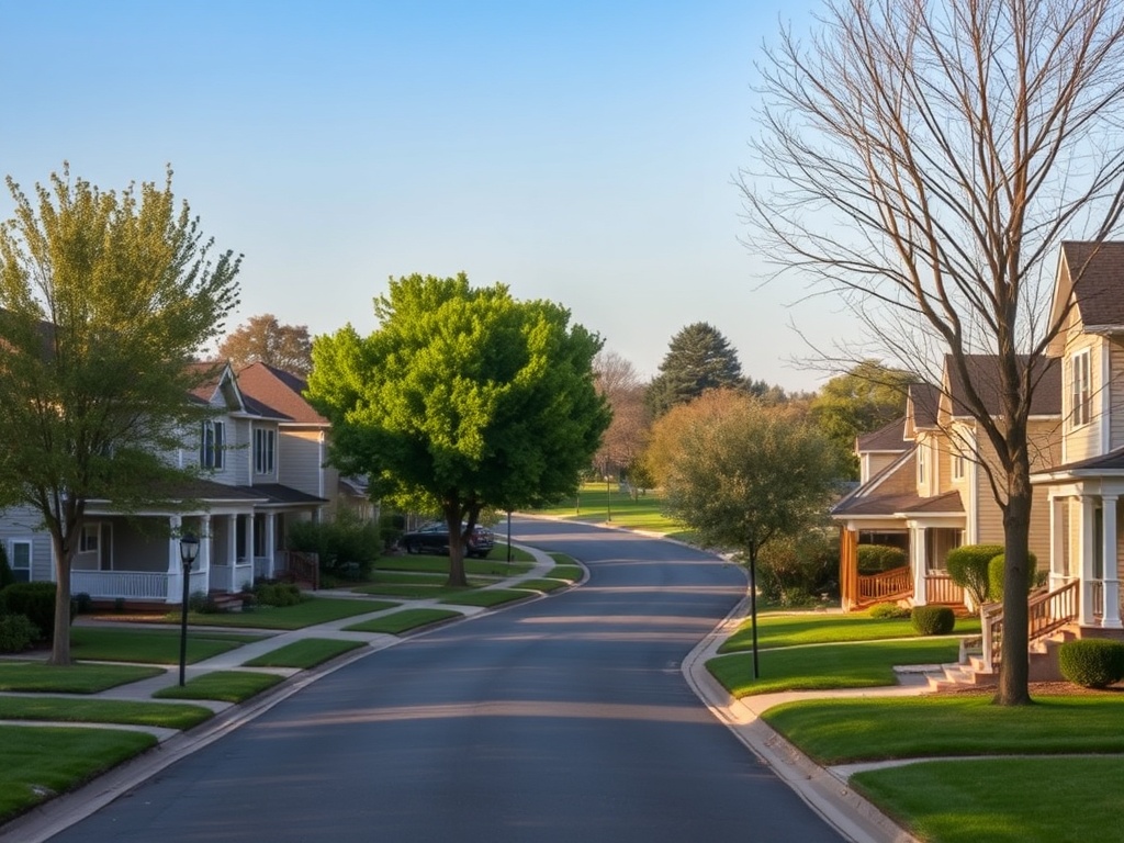 Тихая улица в жилом районе с зелеными деревьями и аккуратными домами под ясным небом.