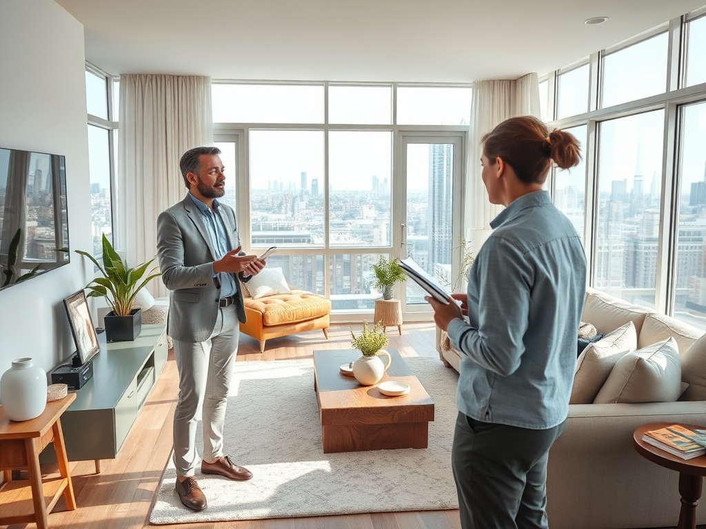 Два человека в современном офисе обсуждают идеи у окна с видом на город. Внутри много света и зелени.