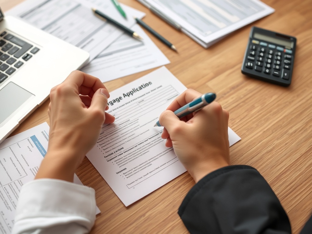На столе лежит заявление на кредит, рядом ноутбук, ручки и калькулятор. Человек заполняет документы.