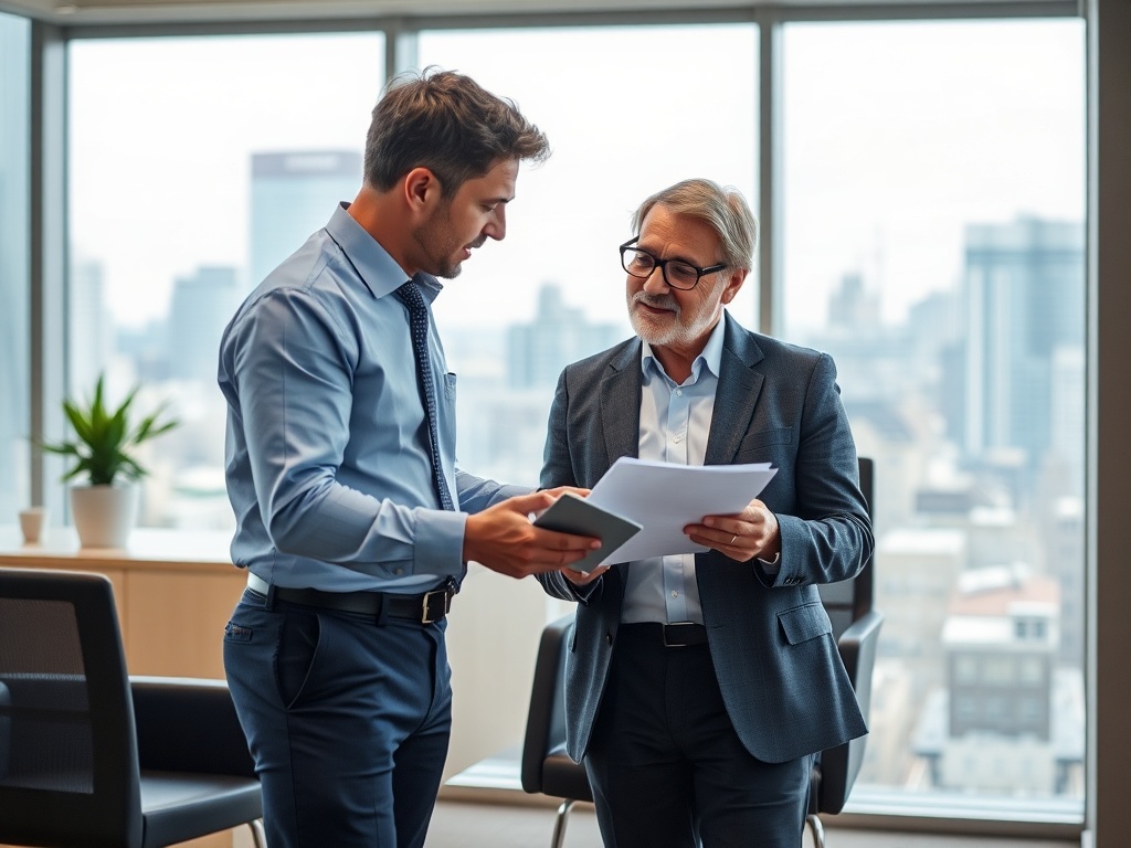 Два человека в деловых костюмах обсуждают документы в офисе с видом на город.