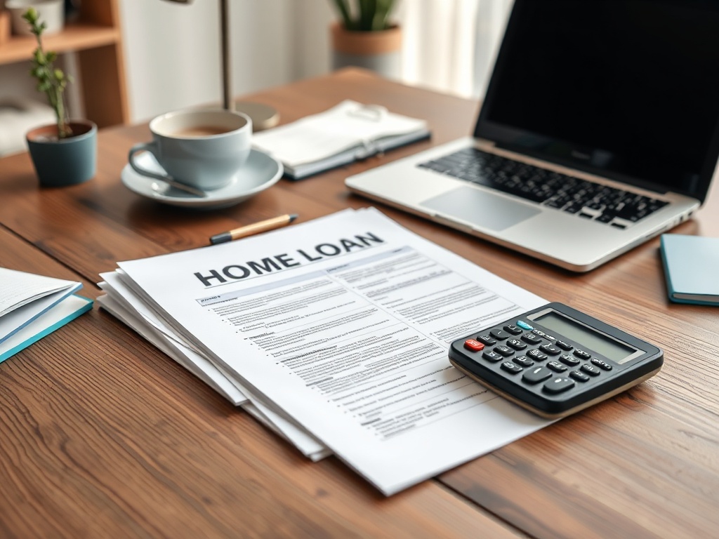 На столе документы о домашнем кредите, калькулятор, чашка с кофе и LAPTOP.