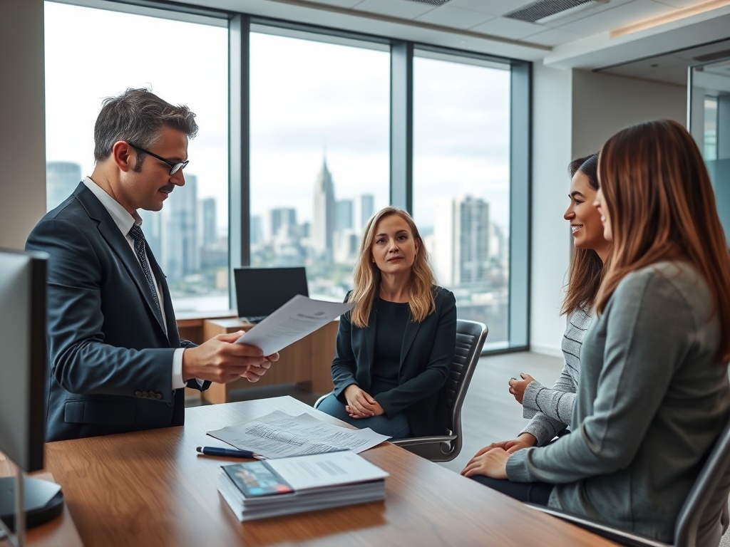 В офисе несколько человек обсуждают документы, на фоне виден городской пейзаж через окна.