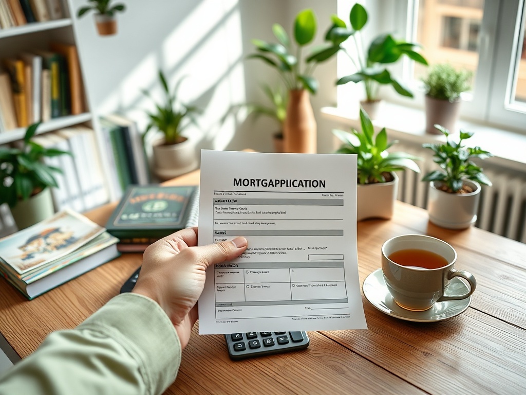 На столе лист заявки на ипотеку, рядом с чашкой чая и домашними растениями, с книгами на заднем плане.