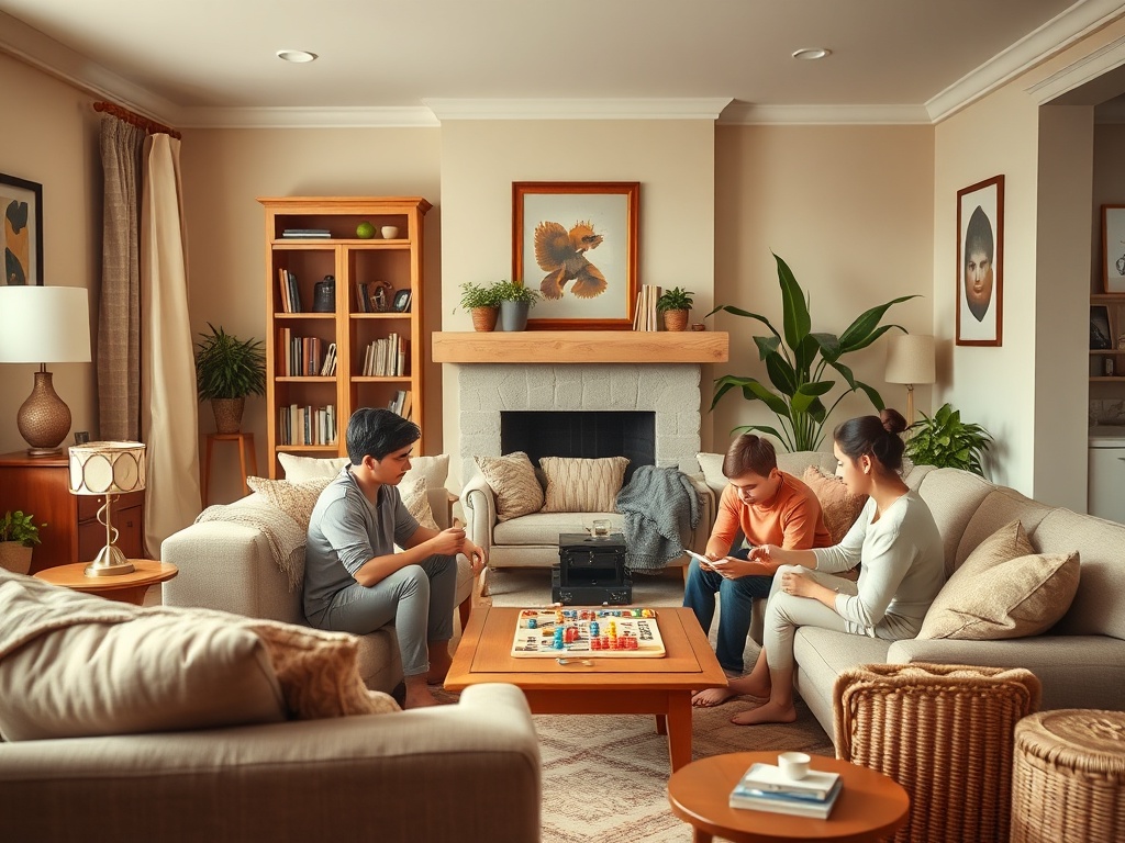 В уютной комнате семья проводит время, играя в настольную игру и общаясь друг с другом.